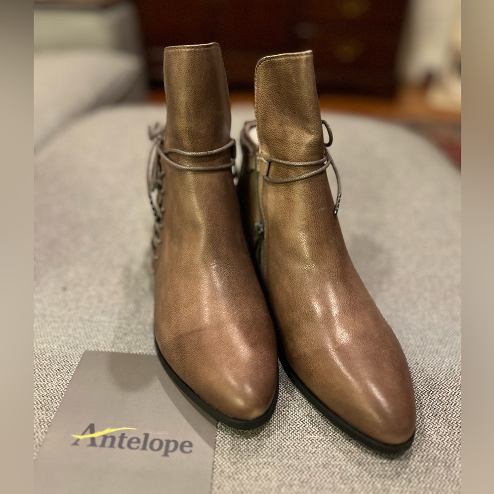 Antelope Taupe Leather Hi Front Tied Ankle Boots - Picture 2 of 13